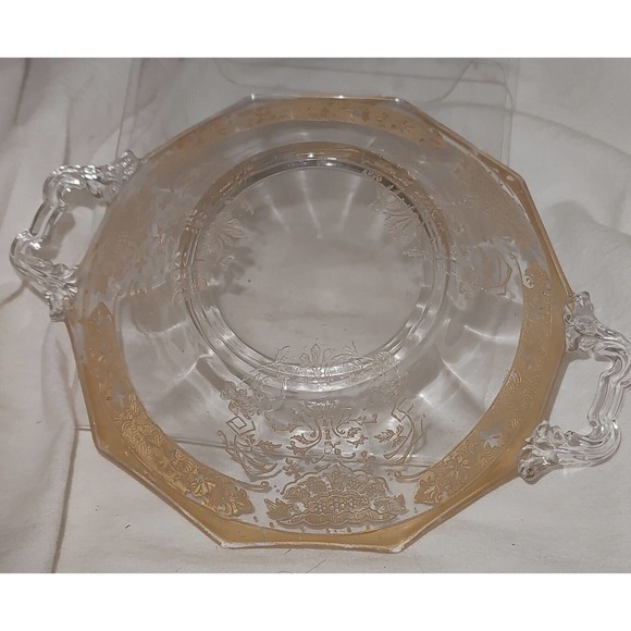 Cambridge Etched Glass Plate Elaine Pattern Brushed Gold Trim Handled - Picture 4 of 5